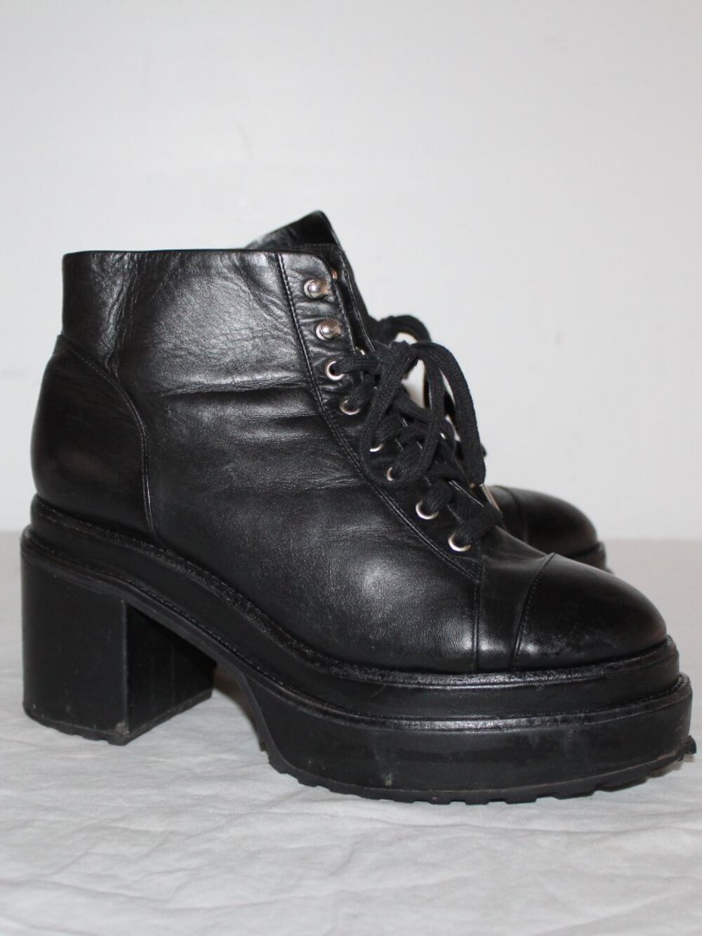 Cult Gaia Platform Block Heel Chelsea Boots Booties Lace Up Black Leather 38